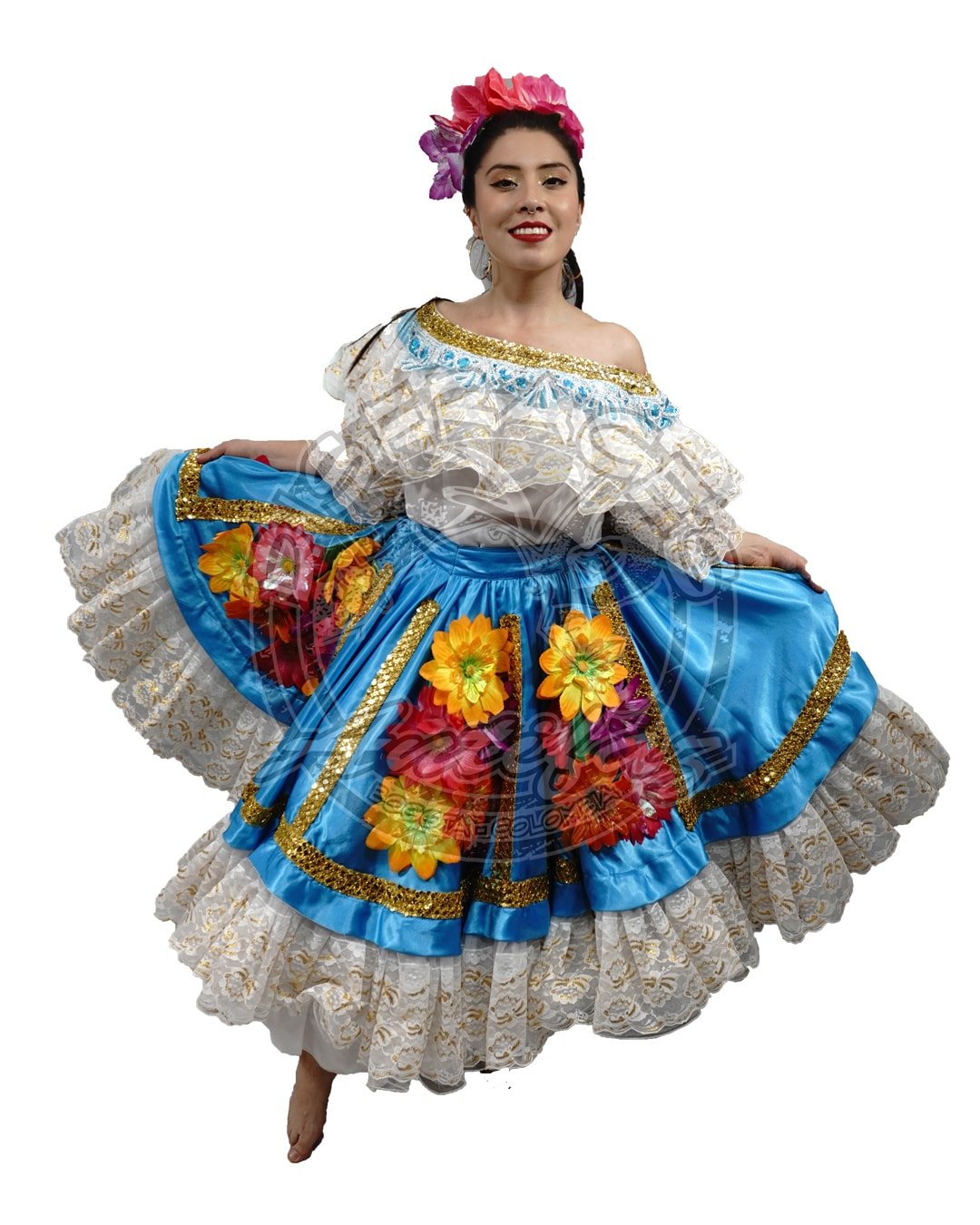 Traje de sanjuanero para mujer en alquiler en Bogotá, vestido típico huilense con falda amplia y blusa tradicional para presentaciones folclóricas