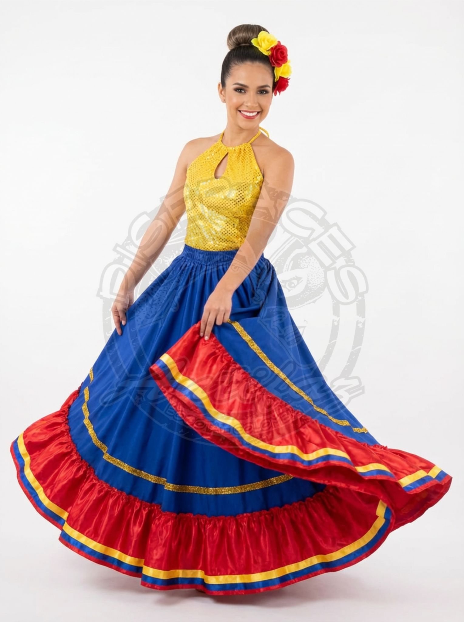 Traje típico cumbia Colombia para mujer con falda azul de arandela tricolor y blusa amarilla brillante sin mangas