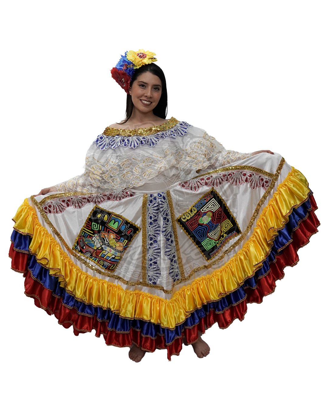 Cumbia Colombia mujer modelo Cumbia Princesa en base blanca con diseño elegante y tradicional
