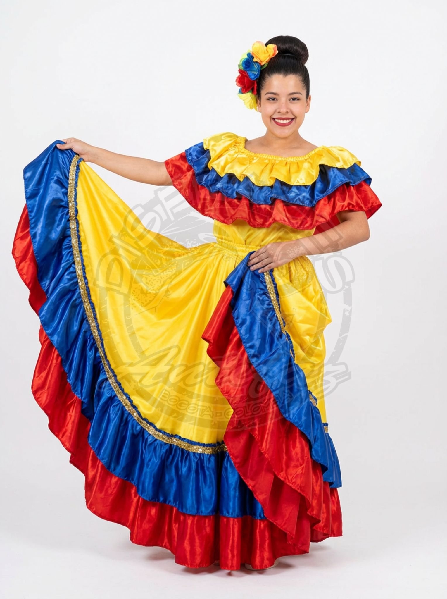 Cumbia Colombia mujer con falda amarilla arandela tricolor y blusa cuello campesino con arandelas tricolor