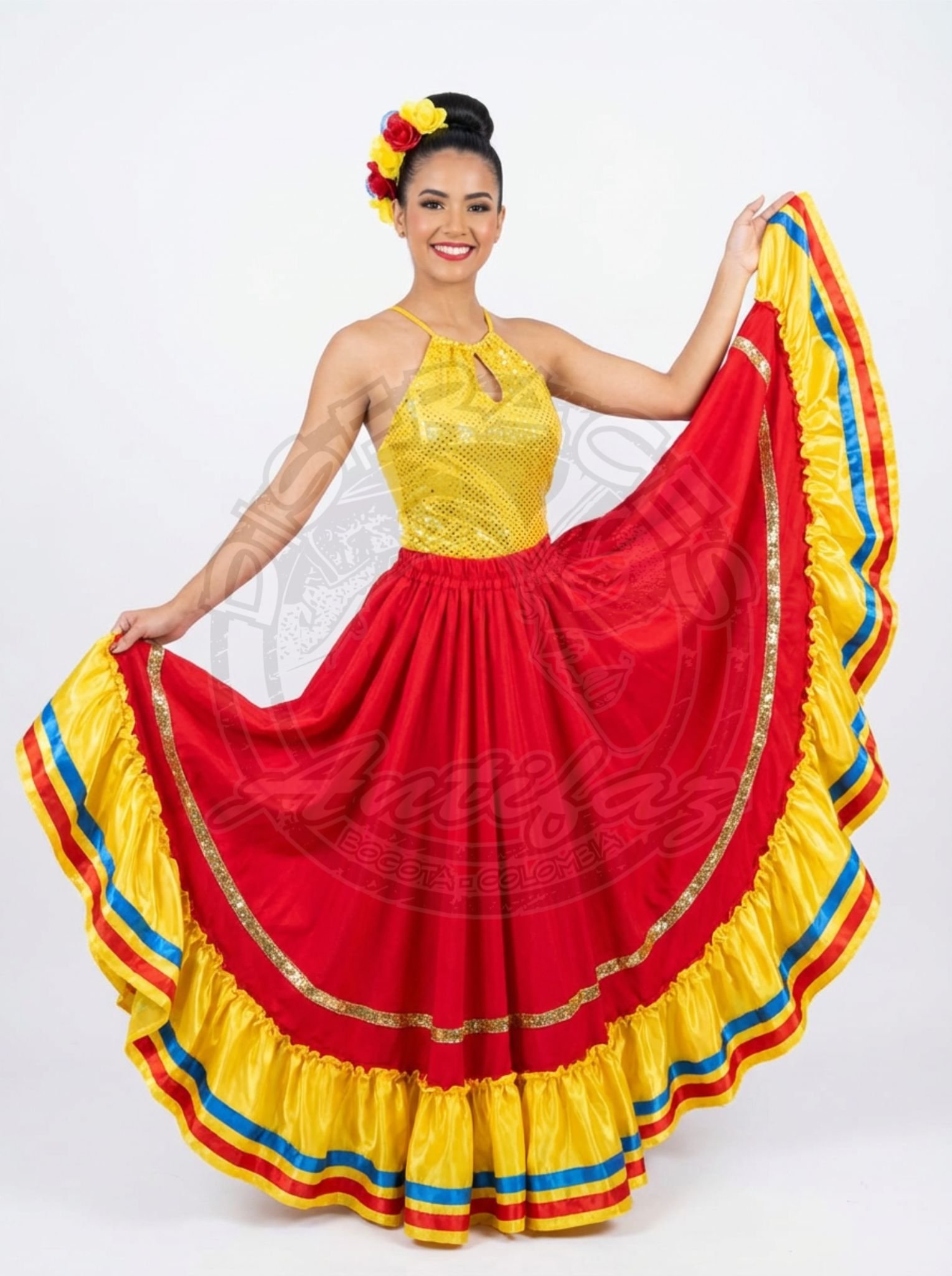 Cumbia Colombia mujer con falda amarilla arandela tricolor y blusa roja brillante sin mangas
