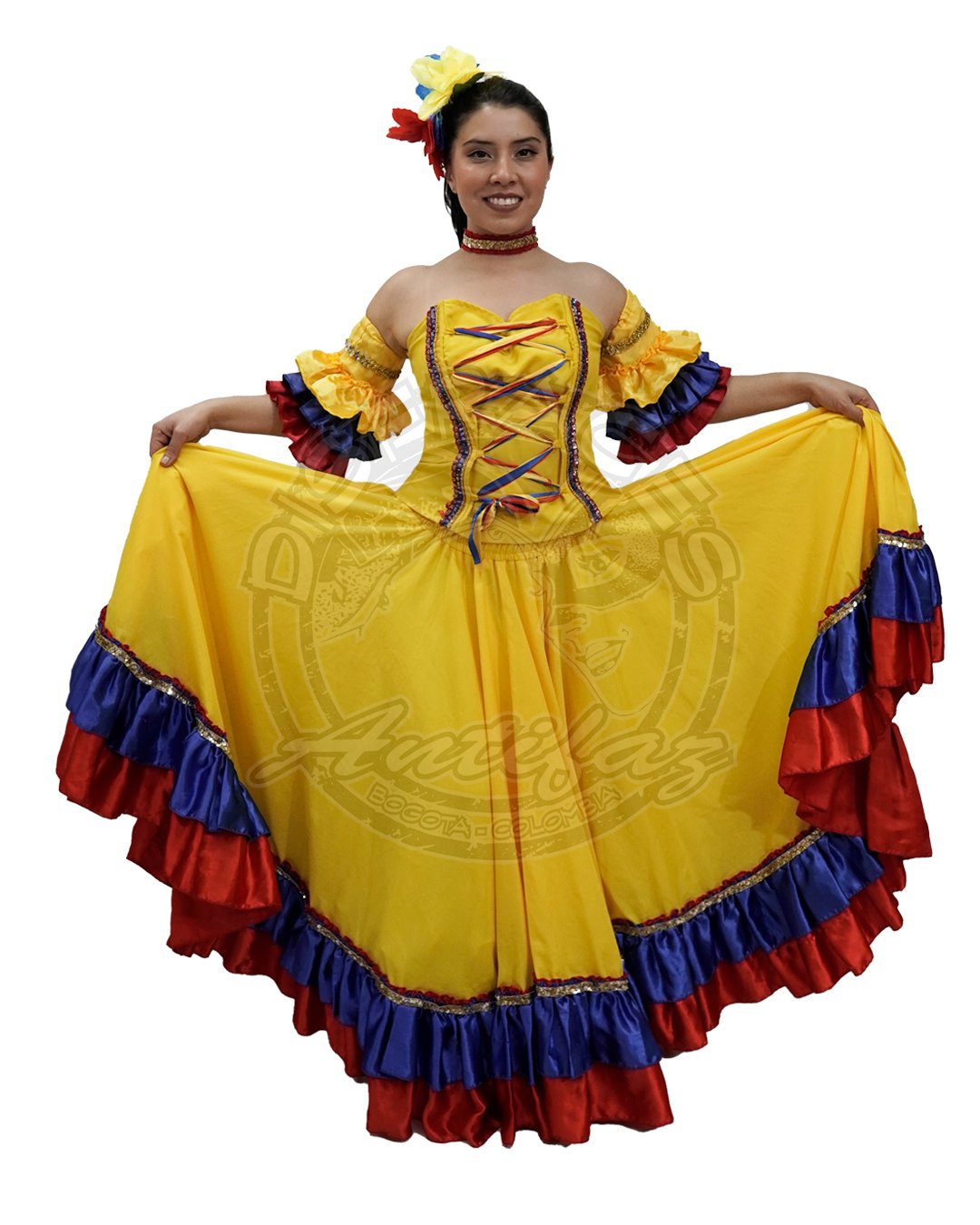 Cumbia Colombia mujer con falda amarilla arandela tricolor y corsé amarillo con cordones tricolor