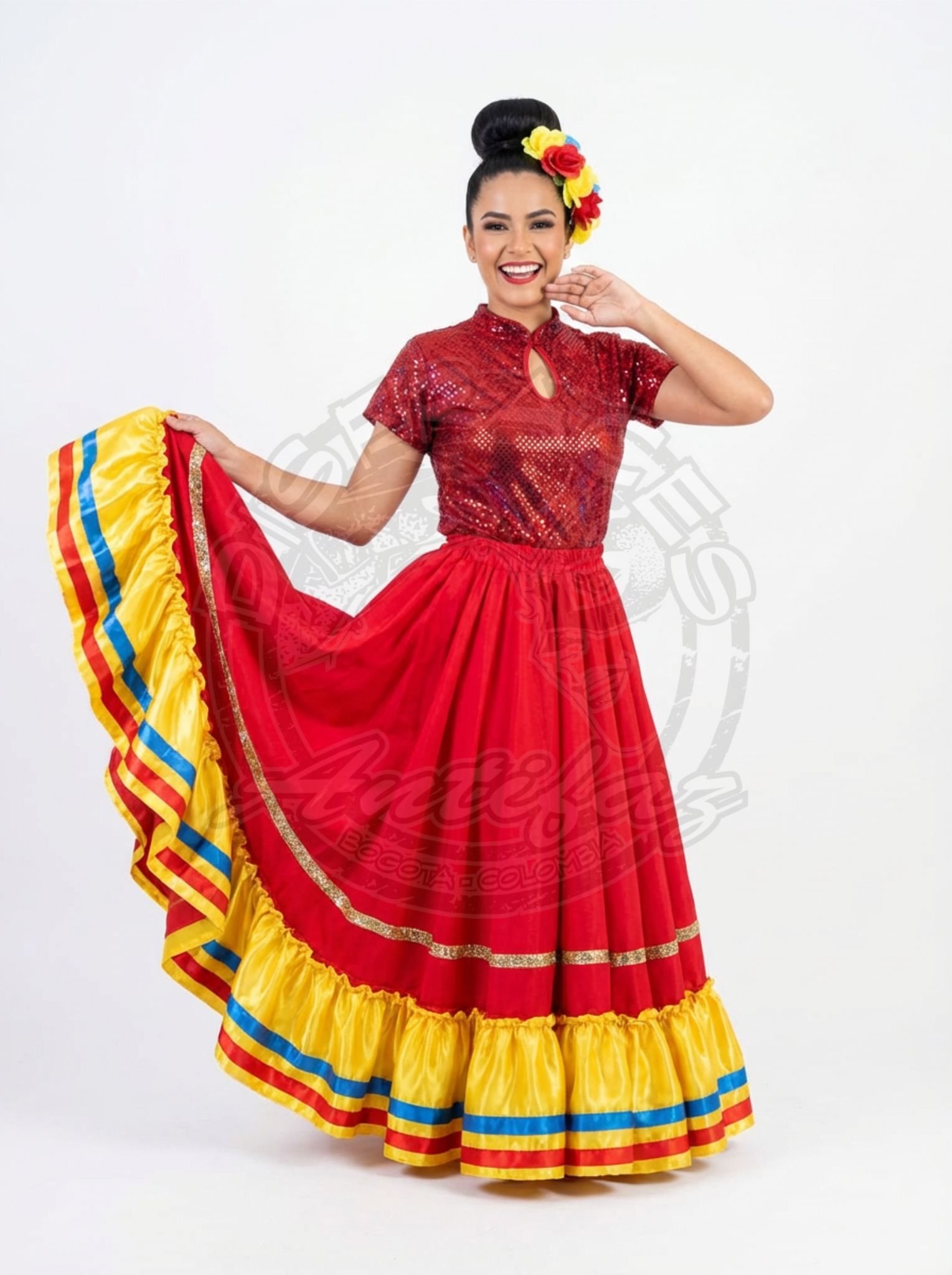 Cumbia Colombia mujer con falda roja arandela tricolor y blusa roja brillante sin mangas