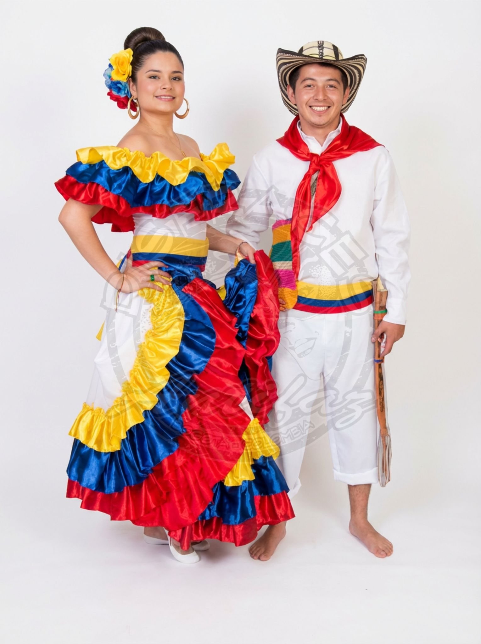 Cumbia Colombia pareja con traje tricolor hombre y mujer para eventos patrios y presentaciones folclóricas