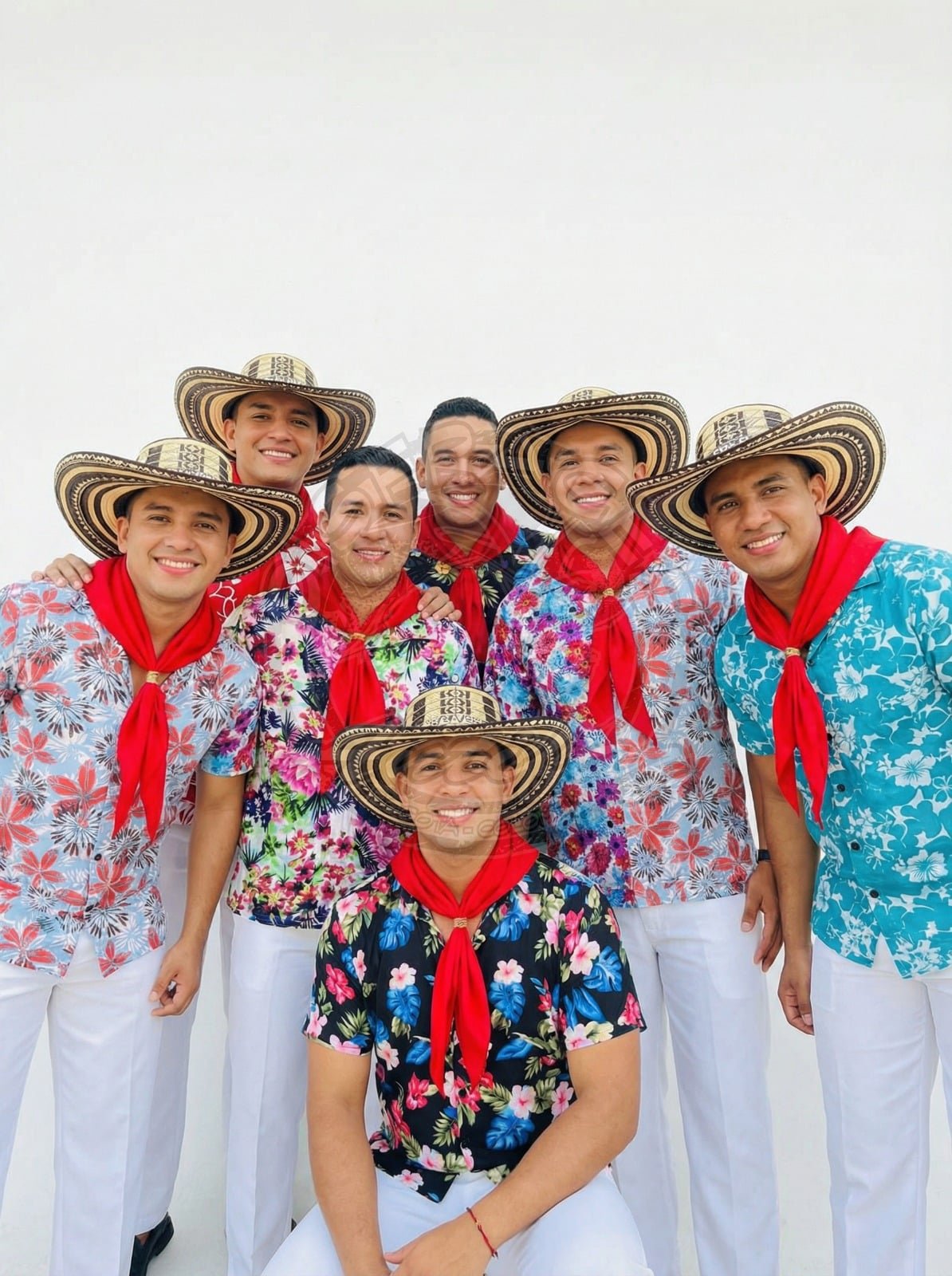 Grupo de hombres con sombrero costeño, camisas estampadas y pantalón blanco para presentación de bullerengue en Bogotá