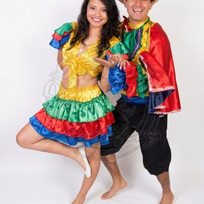 Pareja con trajes coloridos del Carnaval de Barranquilla para adultos, ideal para Carnaval, fiestas temáticas y eventos culturales