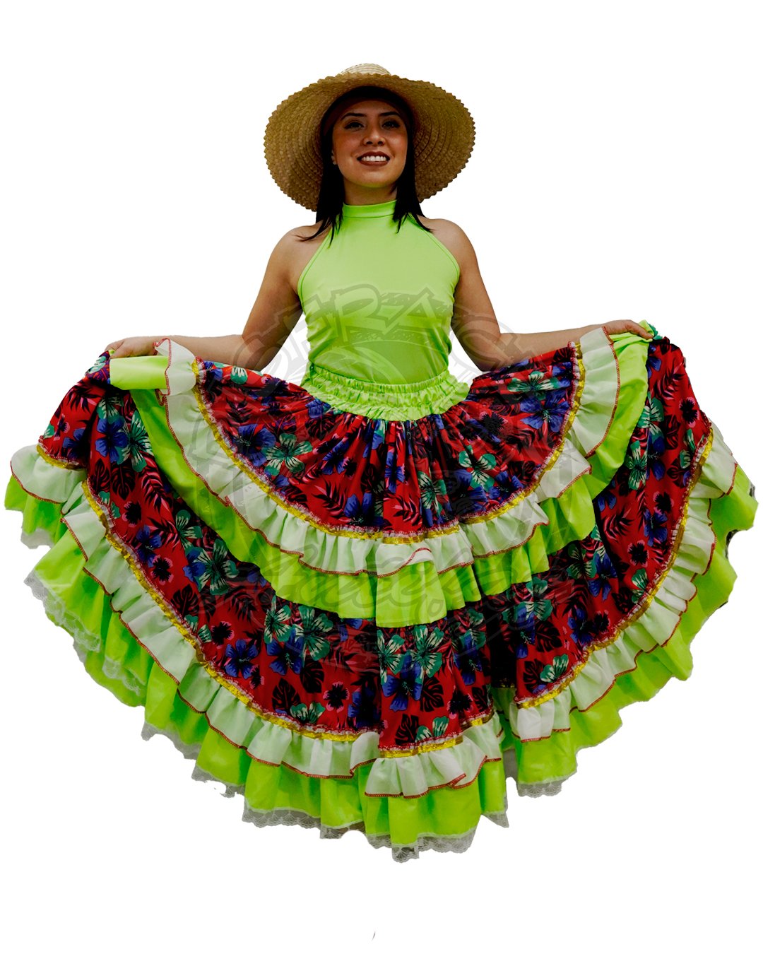 Mujer con vestuario tradicional del Pacífico colombiano con falda roja y verde, blusa verde y sombrero típico