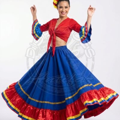 Traje típico cumbia Colombia blusa roja y falda azul con bandera Traje típico cumbia Colombia para mujer con blusa roja de arandelas y falda azul con detalle de bandera nacional