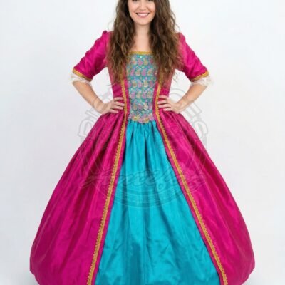 Vestido mujer azul con fucsia, elegante y colorido, ideal para fiestas, eventos temáticos y celebraciones