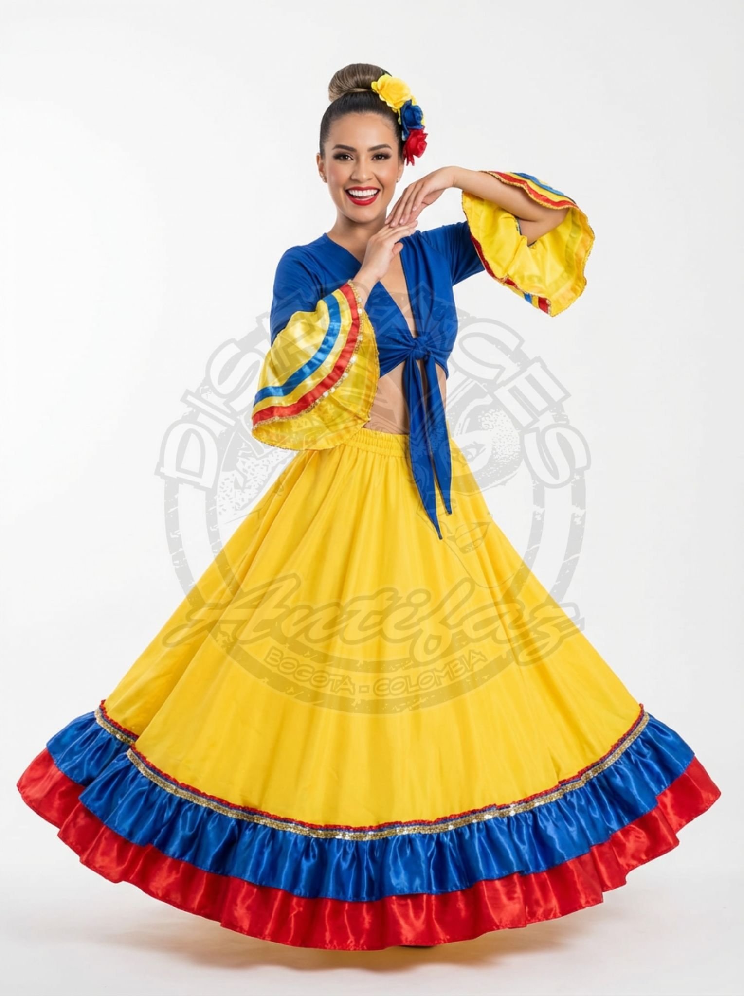 Traje típico cumbia Colombia para mujer con falda amarilla de arandelas tricolor y blusa azul rey