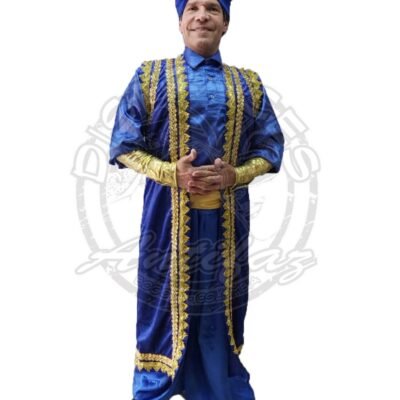 Disfraz jeque árabe hombre – azul rey y dorado | Antifaz Disfraces Bogotá Disfraz de jeque árabe hombre azul rey con detalles dorados, ideal para Halloween y fiestas temáticas