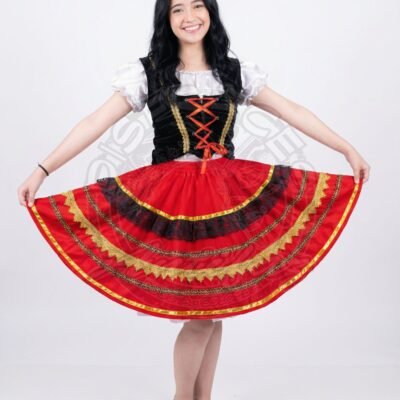 Traje Tarantela Italia con falda roja, cinturilla negra y blusa blanca, ideal para presentaciones culturales, carnavales y fiestas temáticas