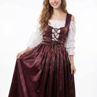 Vestido tradicional con falda larga color café, corsé café y blusa blanca, ideal para presentaciones, carnavales y fiestas folclóricas