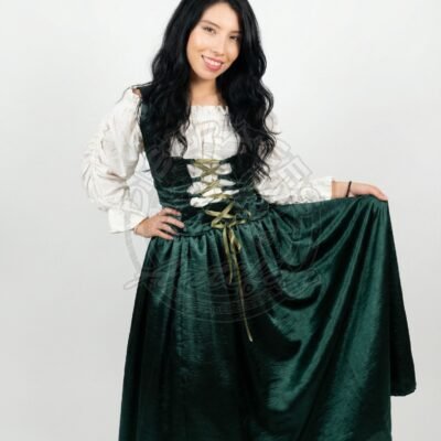 Vestido tradicional con falda larga verde, corsé verde y blusa blanca, ideal para presentaciones, carnavales y fiestas folclóricas