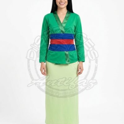 Disfraz de Mulán Vestido Verde y Azul Disfraz de Mulán en vestido verde con azul inspirado en la princesa guerrera china, traje ideal para fiestas temáticas y eventos escolares.