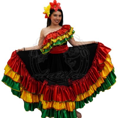 Traje Garabato mujer fondo negro con arandelas de colores Traje Garabato para mujer del Carnaval de Barranquilla, fondo negro con arandelas verdes, amarillas y rojas, hombro descubierto, ideal para festivales, comparsas y celebraciones culturales