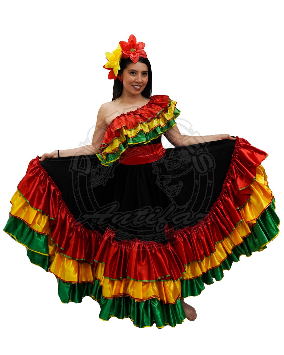 Traje Garabato para mujer del Carnaval de Barranquilla, fondo negro con arandelas verdes, amarillas y rojas, hombro descubierto, ideal para festivales, comparsas y celebraciones culturales