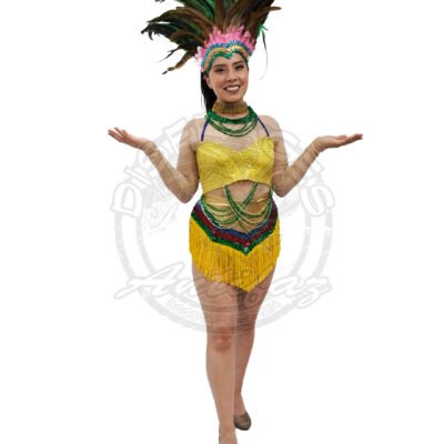 Traje Garota amarillo – Tocado de plumas y top con tiras Traje Garota amarillo del Carnaval de Brasil para adultos, con tocado de plumas y top con tiras delanteras, ideal para Carnaval, fiestas temáticas y eventos culturales