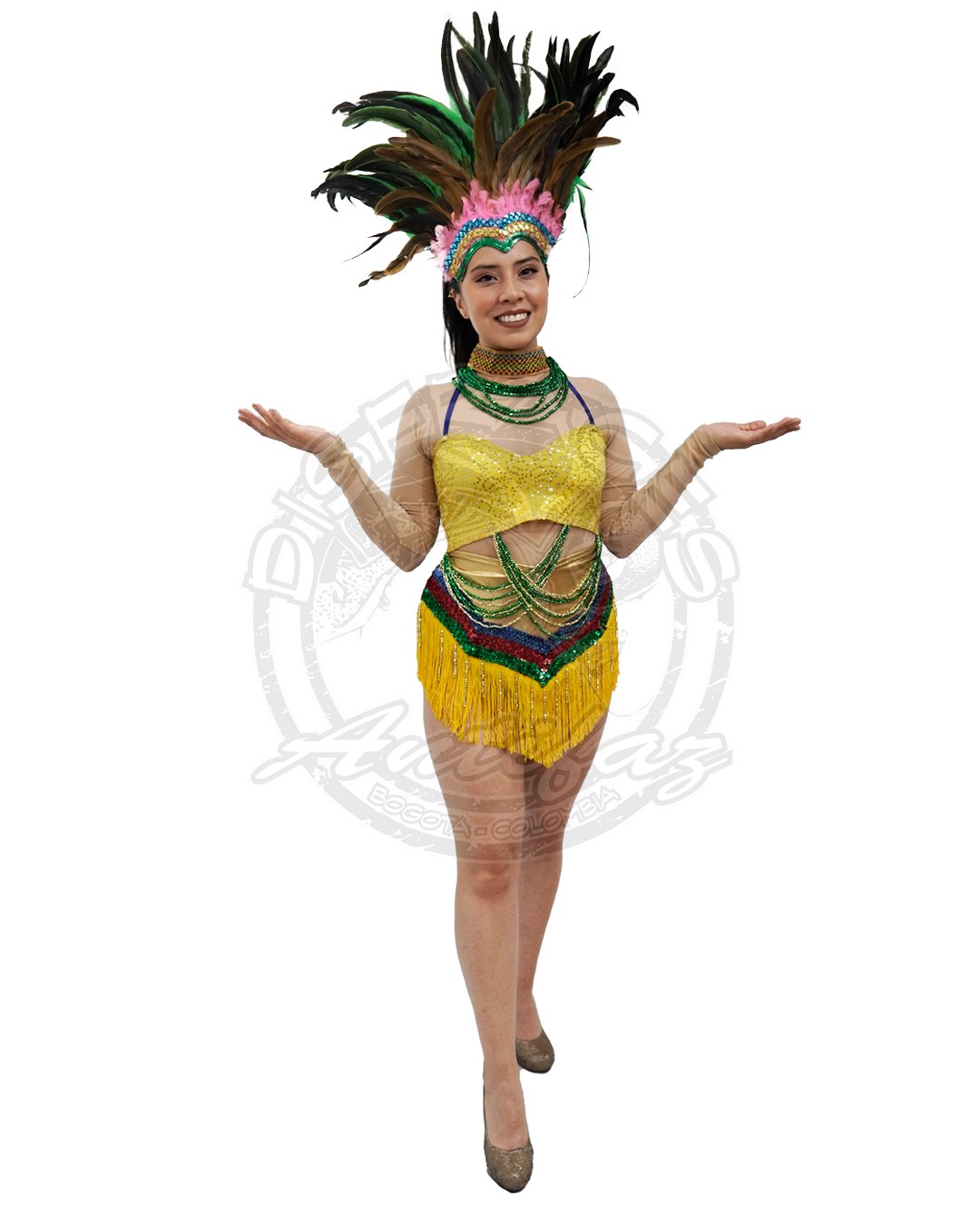 Traje Garota amarillo del Carnaval de Brasil para adultos, con tocado de plumas y top con tiras delanteras, ideal para Carnaval, fiestas temáticas y eventos culturales