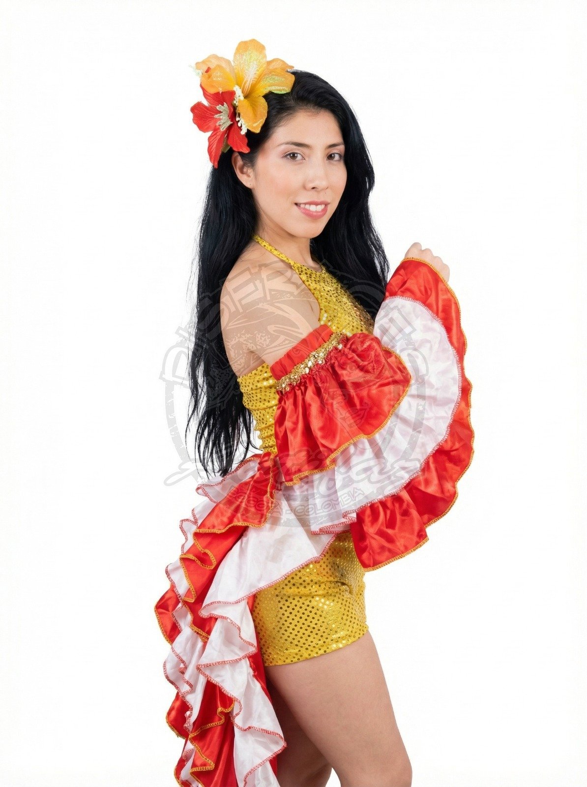 Traje Garota del Carnaval de Brasil para adultos, body dorado con cola en arandelas rojas y blancas, ideal para Carnaval, fiestas temáticas y eventos culturales