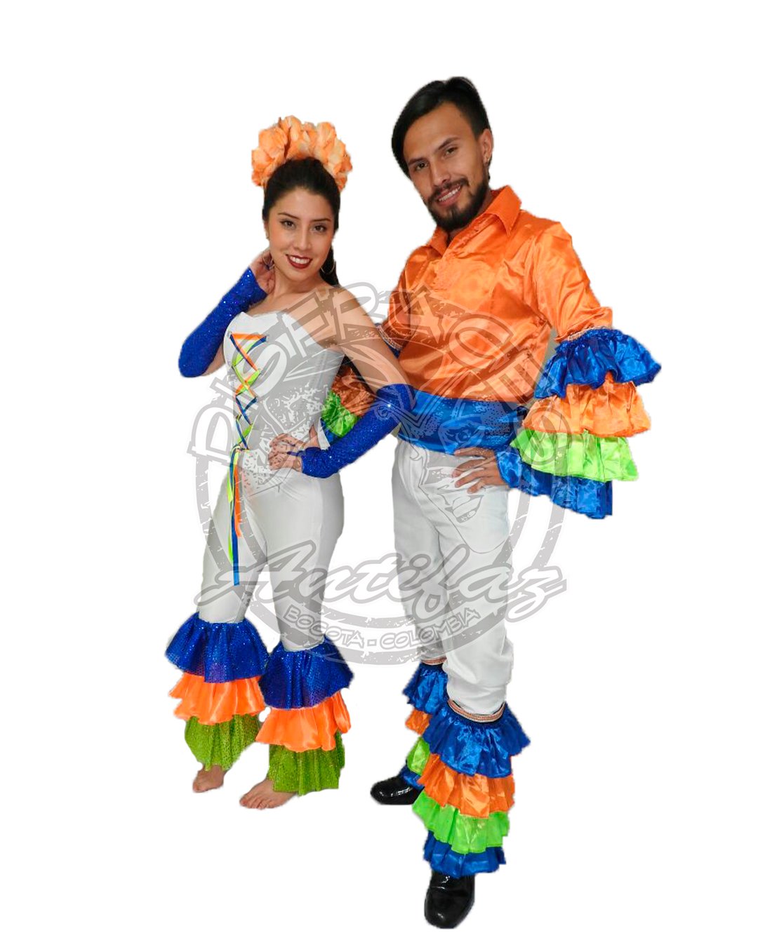 Pareja con trajes Samba del Carnaval de Brasil para adultos, con prendas coloridas, tocados de plumas y arandelas, ideal para Carnaval, fiestas temáticas y eventos culturales