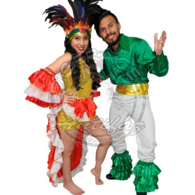 Traje Samba Carnaval de Brasil para adultos, pareja con prendas coloridas, tocados de plumas y arandelas en hombre y mujer, ideal para Carnaval, fiestas temáticas y eventos culturales