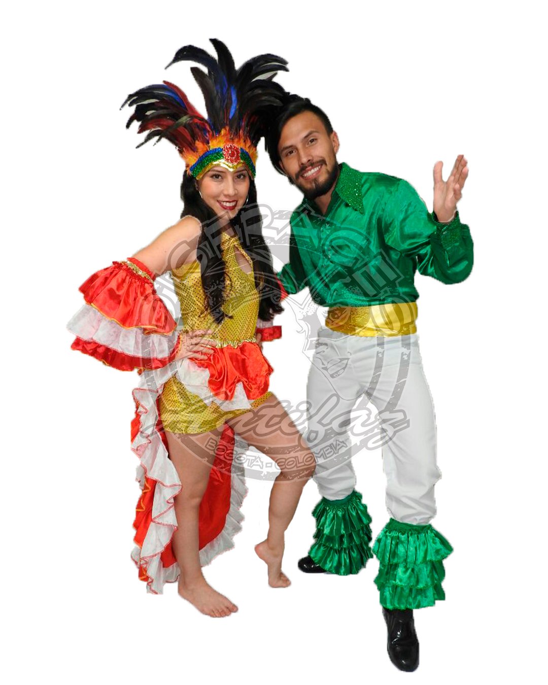 Traje Samba Carnaval de Brasil para adultos, pareja con prendas coloridas, tocados de plumas y arandelas en hombre y mujer, ideal para Carnaval, fiestas temáticas y eventos culturales