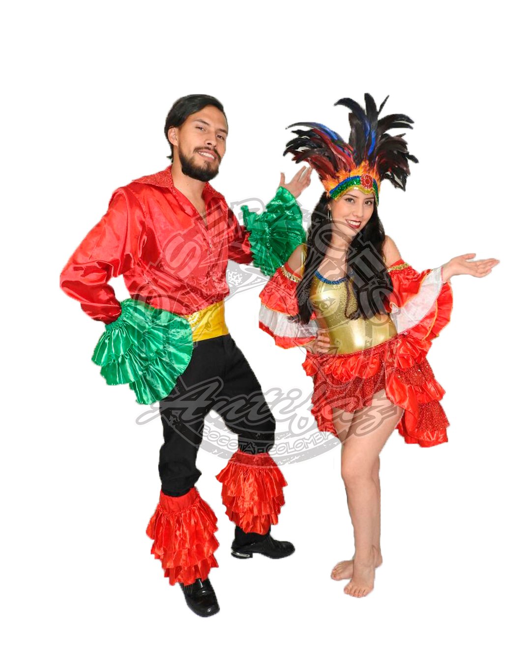 Pareja con trajes Samba del Carnaval de Brasil para adultos, con prendas coloridas, tocados de plumas y arandelas, ideal para Carnaval, fiestas temáticas y eventos culturales