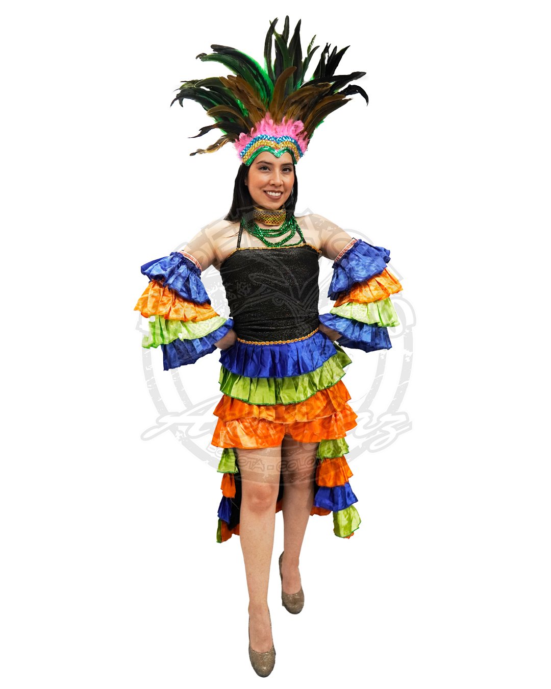Vestido Samba del Carnaval de Brasil para adultos, con detalles dorados, arandelas, tocado en plumas y cola de pato, ideal para Carnaval, fiestas temáticas y eventos culturales
