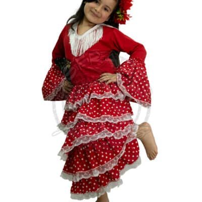 Disfraz de Flamenca Española Roja para Niña con Lunares en Bogotá Disfraz flamenca niña roja con lunares blancos en Bogotá traje típico España