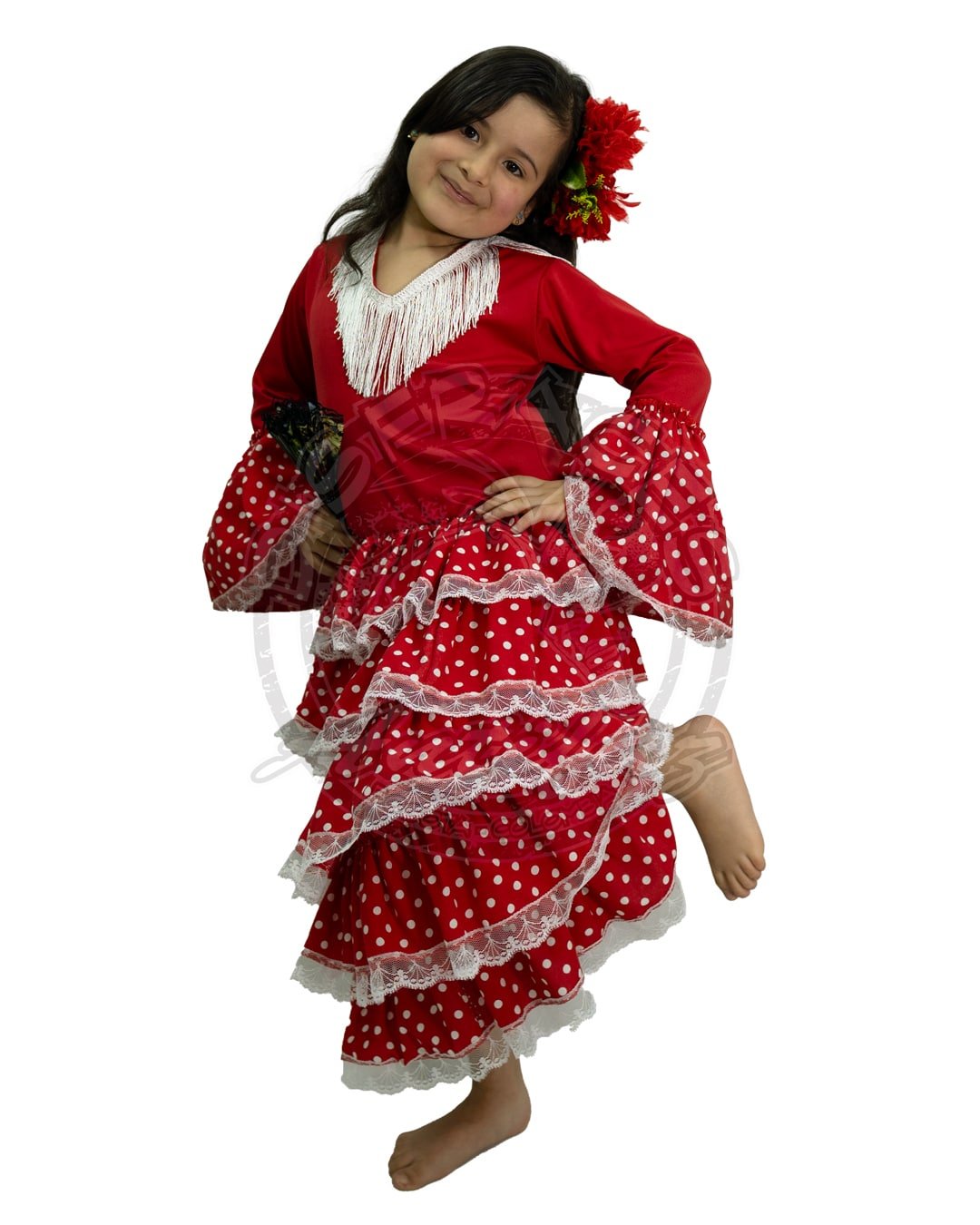 Disfraz flamenca niña roja con lunares blancos en Bogotá traje típico España